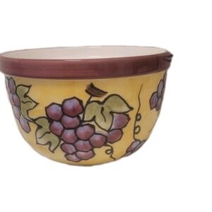 Lillian Vernon Ceramic Serving Bowl 6-1/2" Yellow w/ Purp Grapes & Green Vines